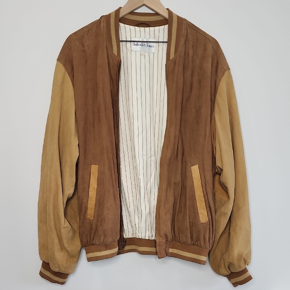 Bullock & Jones Classic Brown and Tan Leather Bomber Jacket with Ribbed Details - Picture 8 of 9